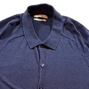 MNG Man Silk Blend Knit Shirt Mens Medium Navy Blue Short Sleeve Button Down